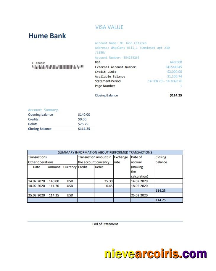 Australia Humebank bank statement easy to fill in Excel and PDF format
